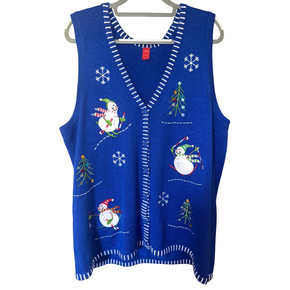 Basic Editions Sweater Vest Women 2X Blue Skiing Snowman Ugly Christmas Festive